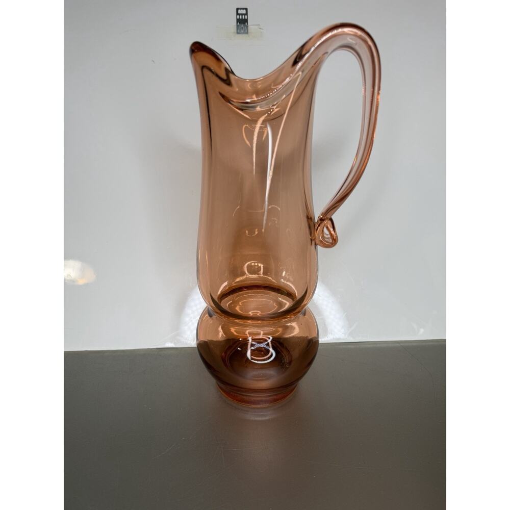 Vintage Pink Peach Thick Glass Pitcher Art Handblown Swirl Handle 11in